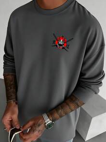 Men's Casual Vintage Style Printed Round Neck Long Sleeve T-Shirt, Versatile For Autumn - Dark Grey - View 2