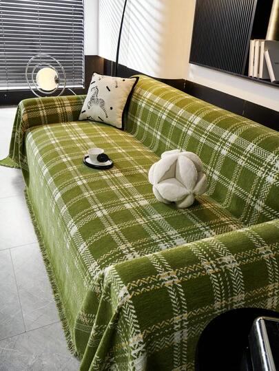 1pc Polyester Retro Plaid Geometric Pattern Sofa Throw Blanket, Pet-Friendly, Anti-Scratch, Non-Slip Sofa Cover, Machine Washable, For Bedroom, Office And Home Decor, All Season Sofa Pad