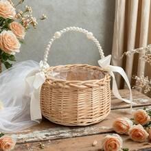 1pc Handwoven Rattan Flower Girl Basket, With Pearl Handle And Bow Decor, Suitable For Baby Shower Flower Girl Use - Apricot - View 2