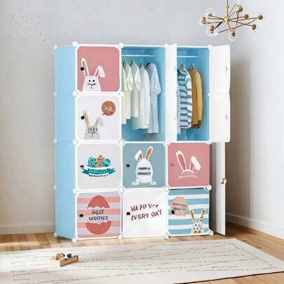 Armario portátil de plástico resistente de 12 puertas, color azul cielo, ideal para habitaciones infantiles, lavanderías y armarios. Fabricado en plástico, es fácil de montar, cómodo de instalar y económico.