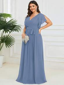 Đầm dài màu xanh xám thanh lịch, cổ chữ V, tay bồng xếp ly, thích hợp cho phù dâu dự tiệc cưới, tiệc mùa xuân/hè. - Màu xanh bụi bặm - Xem 3