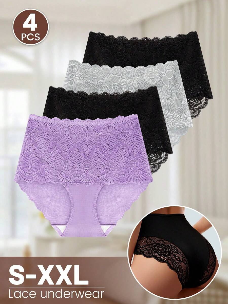 MEIYATING 4pcs/Pack Women Lace Panties, High Waist Tummy Control, Hollow Out Sexy Breathable Floral