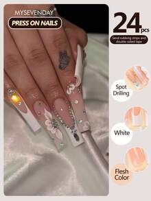 24片方形/法式长款全覆盖美甲贴纸，饰以3D白色花瓣和闪亮水晶，附赠果冻胶和指甲锉，适合派对，可重复使用，日常佩戴，提升您的优雅美甲。 - 彩色 - 查看 1