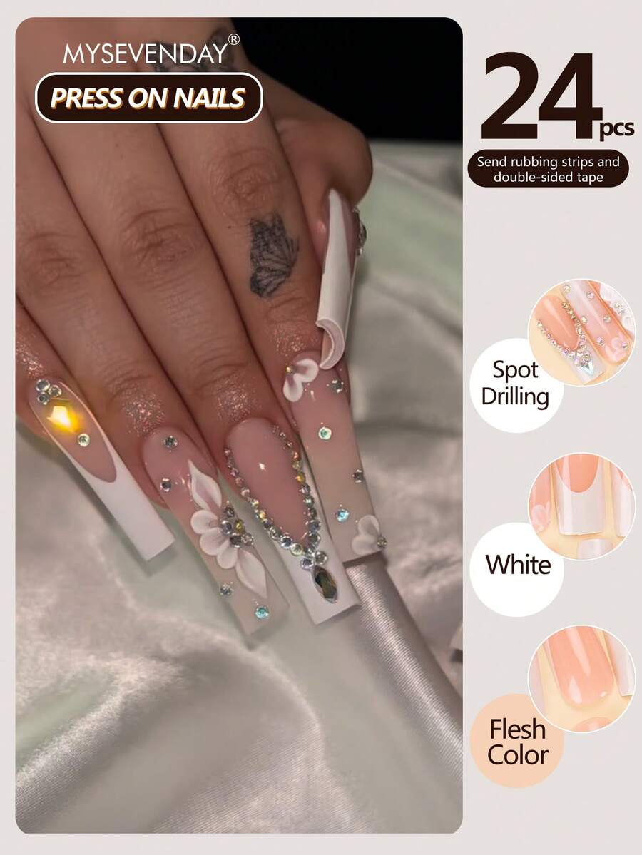 24片方形/法式长款全覆盖美甲贴纸，饰以3D白色花瓣和闪亮水晶，附赠果冻胶和指甲锉，适合派对，可重复使用，日常佩戴，提升您的优雅美甲。 - 彩色 - 查看 1