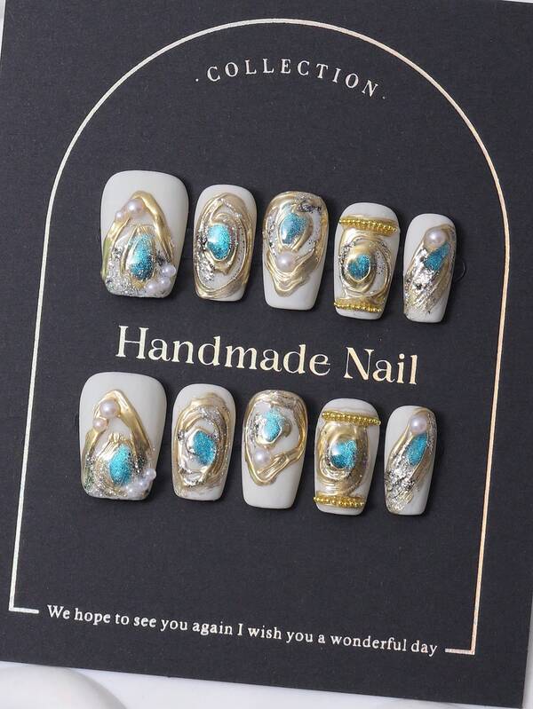 10pcs/Set Handmade Chinese Square Nails With Y2K Golden Luxury Style & 3D Handcrafted Gold Plated Lines & Hand Painted Gradient Fine Glitter Print Pearl Design Nail Decoration. 1 Piece Of Jelly Gel And 1 Piece Of Nail File. Perfect For Daily Life As Well As For Costumes At Coachella Music Festival, Press On Nails And Nail Care Products.