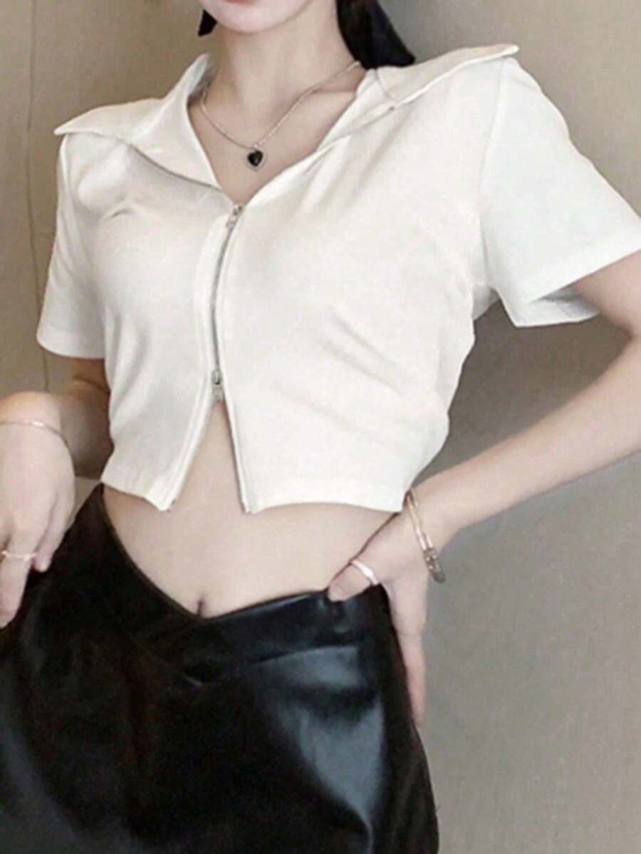 无袖紧身双拉链T恤,纯色,夏季休闲白色 - 白色 - 查看 1
