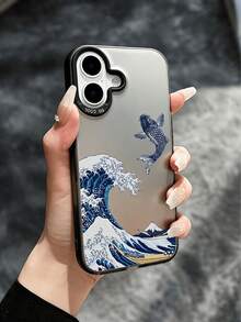 1pc Ukiyo-E Wave & Koi Fish Mirror Surface Phone Case, Metal Frame Anti-Drop, Japanese Art Protective Cover Compatible With Apple & Series - Black - View 6