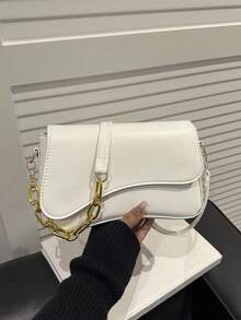 1pc Minimalist Solid Color Flap Shoulder Bag, Classic Textured Crossbody Bag, Women Handbag - White - View 10