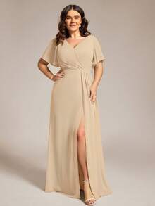 Plus Size Butterfly Sleeve V-Neck Ruched High Slit Champagne Bridesmaid Dress, Suitable For Weddings, Parties, Spring/Summer Wedding Guests, Formal Occasions, Mother's Day, Bridal Party - Champagne - View 4