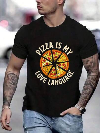 Herr-T-shirts 100 % bomull Jag älskar pizza - Matälskare Foodie Tryckt T-shirt, kortärmad rund halsringad casualtopp, lämplig för alla årstider, herrkläder Herrmode Tryckt casual T-shirt Casual sommar-T-shirt, bekväma utomhuskläder