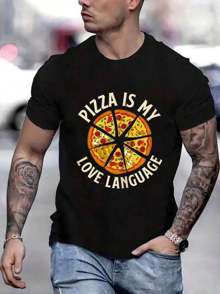 Mens Tshirts 100% Cotton I Love Pizza - Food Lover Foodie Printed T-Shirt, Short-Sleeved Crew Neck Casual Top, Suitable For All Seasons, Men's Wear Men's Fashion Print Casual T-Shirt Casual Summer T-Shirt, Comfortable Outdoor Casual Wear - 黑色 - 查看 1
