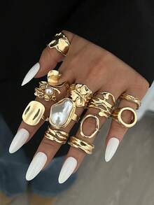 Set de 12/3 piezas de anillos de mujer vintage elegantes de estilo bohemio con diseños geométricos asimétricos y perlas, de metal, aptos para uso diario, fiestas, citas, vacaciones, bodas y regalos de festivales - Dorado - Ver 3