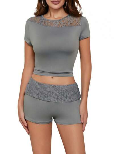 Women's Summer Clothes 2Pcs Outfits Lace Patchwork Cap Sleeve T-Shirt With Slim Shorts Set