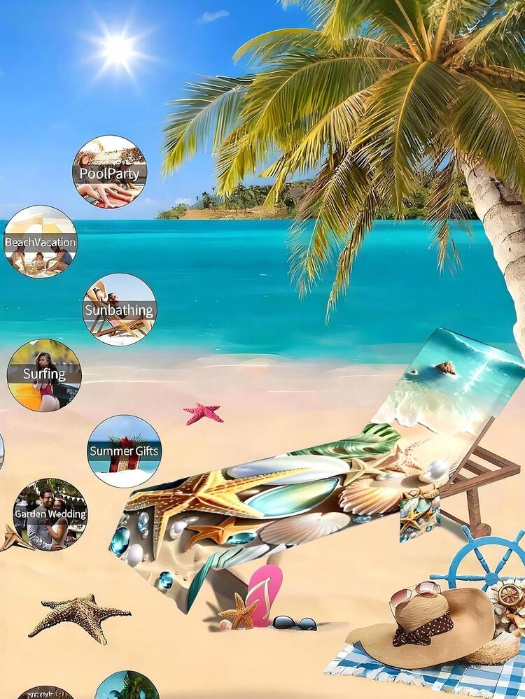 1pc Starfish & Shell Beach Chair Cover/Towel, With Side Pockets, Thick Quick-Dry, Suitable For Lounge Chair, Pool, Sunbathing, Garden, Beach, Hotel, Non-Slip, Travel, Swim Pool Towel, Beach Bag, Back To School, Family & Couple Birthday Gift, Wedding Season, Easter & Christmas Gift - Color 1 - View 9