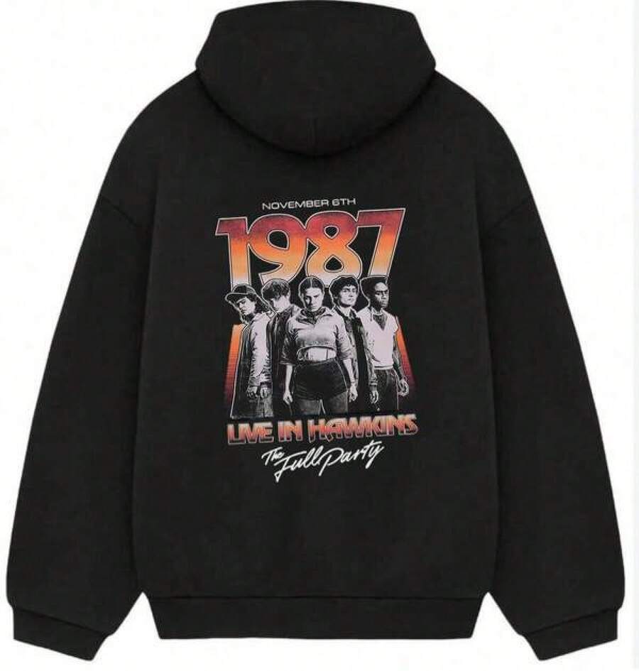 Stranger ThingsS-XXXL Men'S And Women's Graphic Hoodie, All Creatures Welcome Poster Pullover Hoodie,Hooded, Slight Stretch, Geometric Pattern - Black - View 1