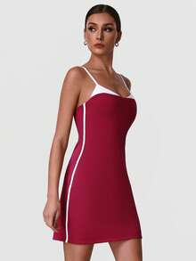 Sodalemon Women's Contrast Color Workout Fitness Dress, Elastic Sports Casual Yoga Dress With Contrast Lining Summer - Red Violet - View 6