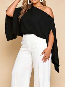 Women's Plus Size Flowy Tops Fashionable Solid Color Batwing Sleeve Off One Shoulder Loose Fit Blouse For Casual Daily Wear - màu đen - Xem 2