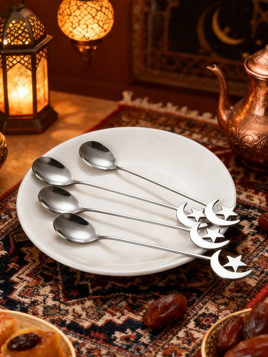 2/4/6/8/12pcs Stainless Steel Coffee Spoons, Moon & Star Shaped Dessert Spoons, Suitable For Afternoon Tea, Ramadan Gift - Silver - View 1