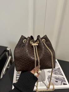 Mini Woven Drawstring Bucket Bag, Versatile Shoulder/Crossbody Bag For Party & Casual, Minimalist Design - Coffee - View 10