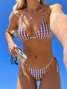女士夏季泳装度假系列，复古格子挂脖三角比基尼，系带丁字裤两件套，性感显瘦收腹，高弹透气亲肤，美式复古辣妹风比基尼套装，海滩度假拍照必备时尚泳装套装 - 彩色 - 查看 1