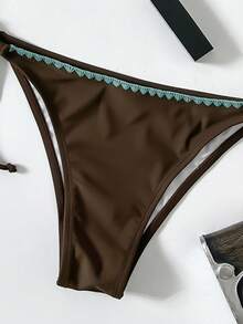 Sexy & Fashionable Tropical Bikini Set | Paisley Print Rhinestone Embellished Triangle Top + Low Waist Side Tie Bottoms | Blue-Green Design | Essential Swimwear For Beach & Pool Vacation - Chocolate Brown - View 8