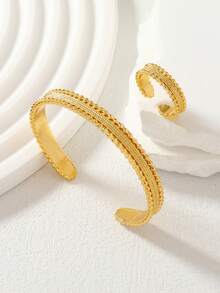 斋月闪亮纹理编织女士首饰套装（2件套），可调节手链和戒指，开斋节/婚礼必备 - 金黃色 - 查看 1