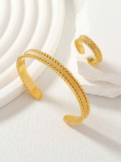 斋月闪亮纹理编织女士首饰套装（2件套），可调节手链和戒指，开斋节/婚礼必备