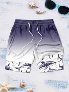 Men's Shark Print Double-Layer Beach Shorts With Pockets - Multicolor - View 2