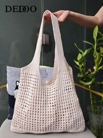 Back To School Season, Plus Size Women Handbag, Women Knitted Shoulder Bag, Vintage Hollow Out Woven Large Capacity Floral Decor Tote Bag, Crochet Bag, Women Crochet Bag, Summer Beach Tote Bag , Beach Bag