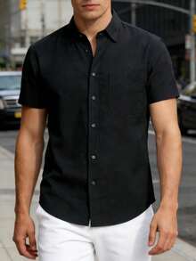 Men's Short Sleeve Casual Shirt In Solid Color Oxford Spun, Suitable For Summer,Wrinkle Resistant Office Work Shirt For Men - 黑色 - 查看 7