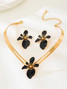 2pcs/Set Women's Flower Choker Necklace & Earrings, Elegant Style For Summer Party, Wedding, Holiday, Gift - Black - View 16