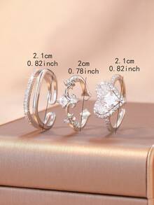 3pcs/Set Fashionable Silver Heart Woven Textured Geometric Rings Set For Women, Innovative Design, Lightweight & Luxurious, Open Rings - Silver - View 4