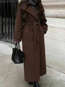 Seelio Autumn/Winter New Women's Fashion Classic Double-Breasted Windbreaker Coat Woolen Overcoat - Brown - View 3