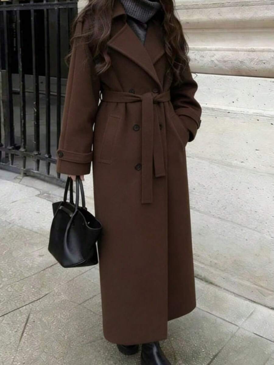 Seelio Autumn/Winter New Women's Fashion Classic Double-Breasted Windbreaker Coat Woolen Overcoat - Brown - View 1