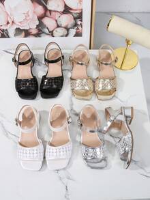 Girls' High-End Fashion Elegant Party Dress Sandals, Solid Color Open Toe High Heel Sandals, Breathable & Lightweight Formal Shoes, Mesh With Beaded Design, Suitable For Party, Performance, Banquet, Wedding, Square Toe High Heel Sandals - Gold - View 7