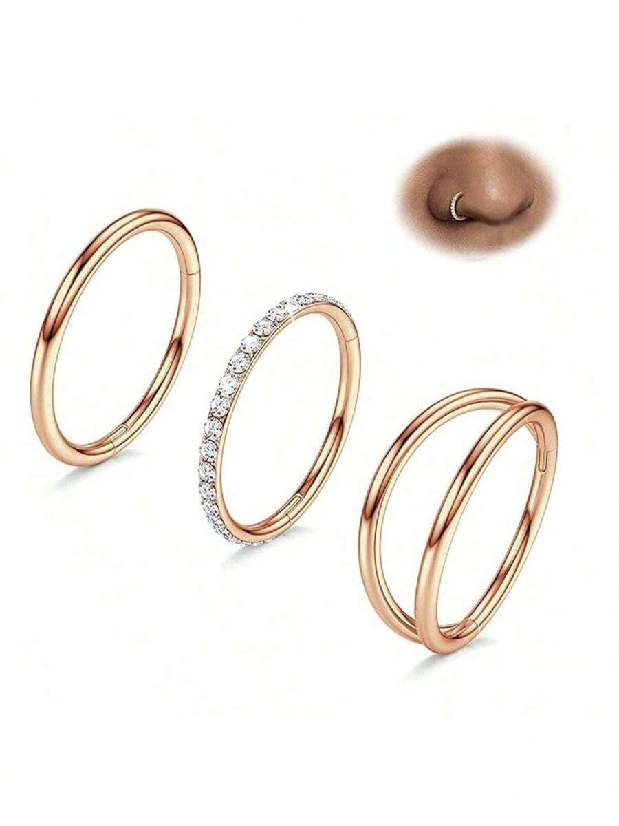 3件装鼻环 - 316L不锈钢双环鼻环 16G/18G/20G 铰链式锆石耳廓穿孔饰品 鼻中隔环 唇环 耳骨耳环 耳廓环 耳屏环 耳骨钉 7mm/8mm/10mm - 玫瑰金(鍍) - 查看 1