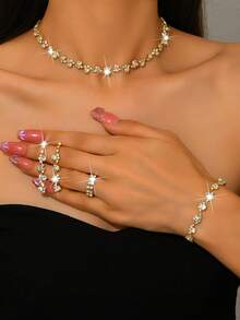 时尚简约珠宝套装 - 项链、耳环、手链、镶有钻石/珍珠的弹力戒指、结婚珠宝、母亲节礼物（多种选择） - 銀色 - 查看 2