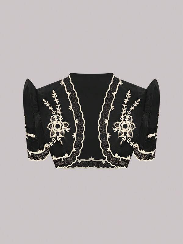 Modern Filipiniana Women's Spring/Summer Floral Print Ruffle Puff Sleeve Cropped Cardigan, Black