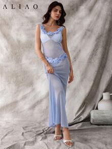 Aliao 精致 3D 立体花朵提花镂空透视 V 领收腰长裙，夏季沙滩装，优雅日常穿搭，派对礼服，新年装，复古富贵风，情人节装，婚礼宾客礼服，春季装，优雅派对礼服 - 淺藍色 - 查看 5