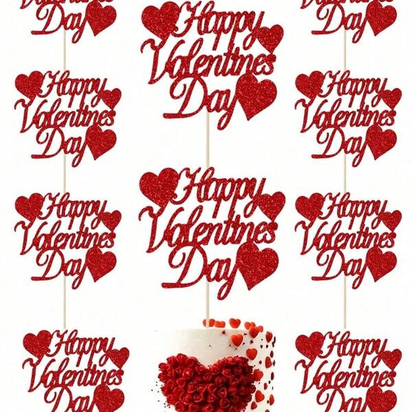 10个大号闪光粉色和红色心形“情人节快乐”蛋糕装饰插牌，用于情人节装饰