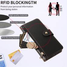 1pc Flip Cover Protective Case Compatible With Apple 17 ProMax/16/15/14/13/12/11 Pro, A56, Redmi NOTE 14 PRO 5G, With Card Slots, Zipper Pocket - Black - View 6