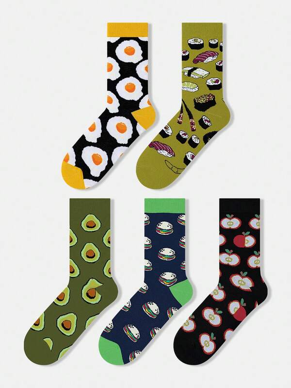 5켤레 남성용 카툰 계란, 스테이크, 스시, 아보카도, 햄버거, 사과 패턴 예술적 추상 디자인 코마사 크루 양말, 여행, 가정, 사무실, 명절 선물, 음악 축제에 적합