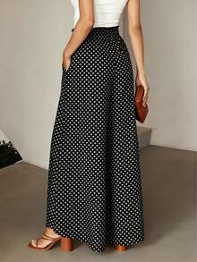 女士波点抽绳腰带休闲百搭阔腿裤，适合日常穿着 - 黑與白 - 查看 5