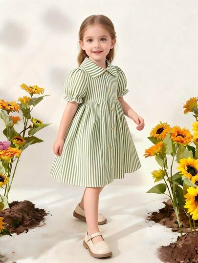 1pc Collared Petal Sleeve A-Line Striped Princess Dress, Sweet & Fresh, Skin-Friendly & Comfortable, Girls Outdoor Dress, Summer Outfit, Fashion Children Dress
