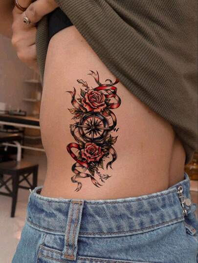 1pc Vintage Nautical Style Colorful Large Temporary Tattoo, 6.3*3.54inch, Retro Romantic Hardcore , Suitable For Arms, Waist, Legs And Other Body Parts, Ideal For Holidays, Parties, Gatherings, Gifts, Decorations, Waterproof, Sweat-Proof, Long-Lasting, And