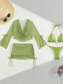 Women's 3 Piece Crochet Bikini Set Front Cut Out Knit Cover Up Swimsuit Sexy Beach Vacation Summer - 綠色 - 查看 6