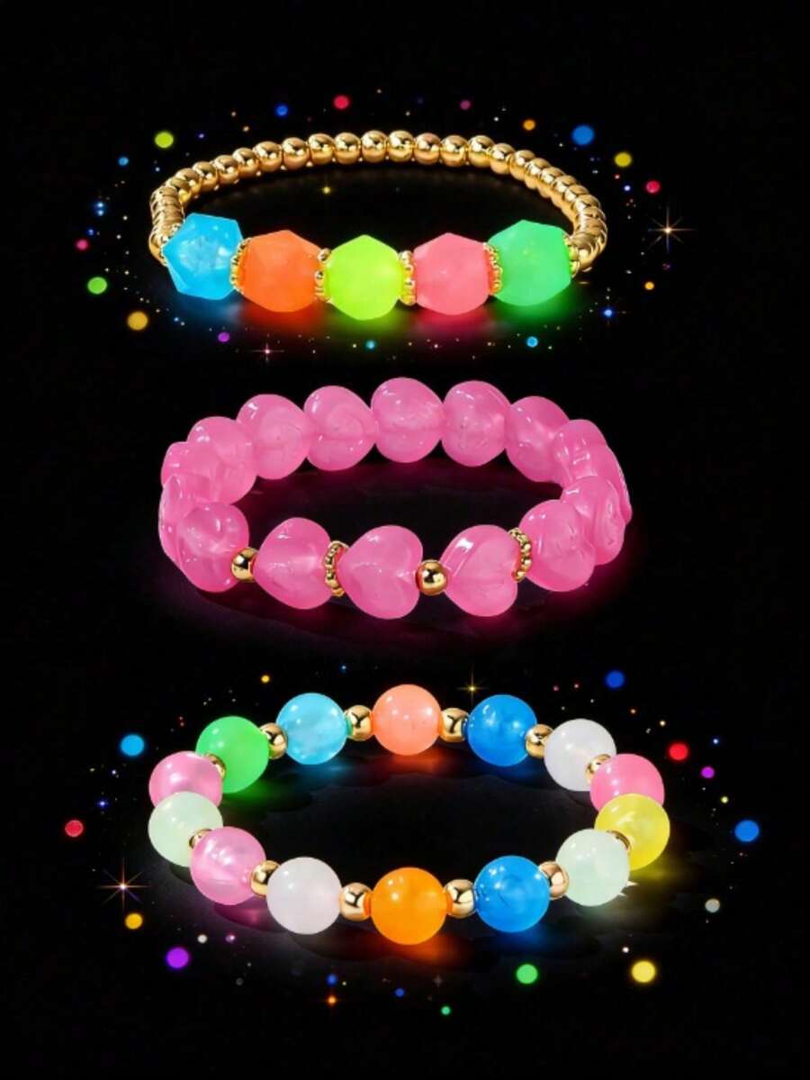 Girls Summer 3Pcs Bracelet Set Sweet Heart Star Layered Beaded Children Party Jewelry Birthday Gift - one-size - View 1