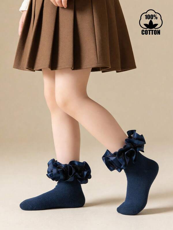 1 Pair Cotton Girls' Big Lace Dance Socks, Elegant Princess Style Short Socks For Party Outfit