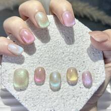 10片彩色猫眼手工美甲贴片，彩虹泡泡多巴胺猫眼闪粉玻璃珠美甲，夏季奢华时尚百搭短款假指甲，按压式美甲贴片/短款按压式美甲贴片/美甲用品（1张果冻贴纸+1个指甲锉） 手工按压式美甲贴片 - 彩色 - 查看 4
