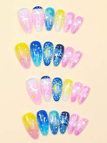 24片星月图案按压式美甲贴片，杏仁形，蓝粉色美甲用品，适合日常佩戴 - 彩色 - 查看 4
